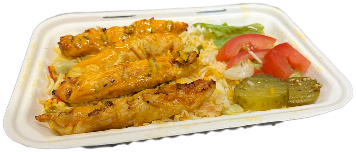 Rice box — grilled peri strips over rice with salad and pickles