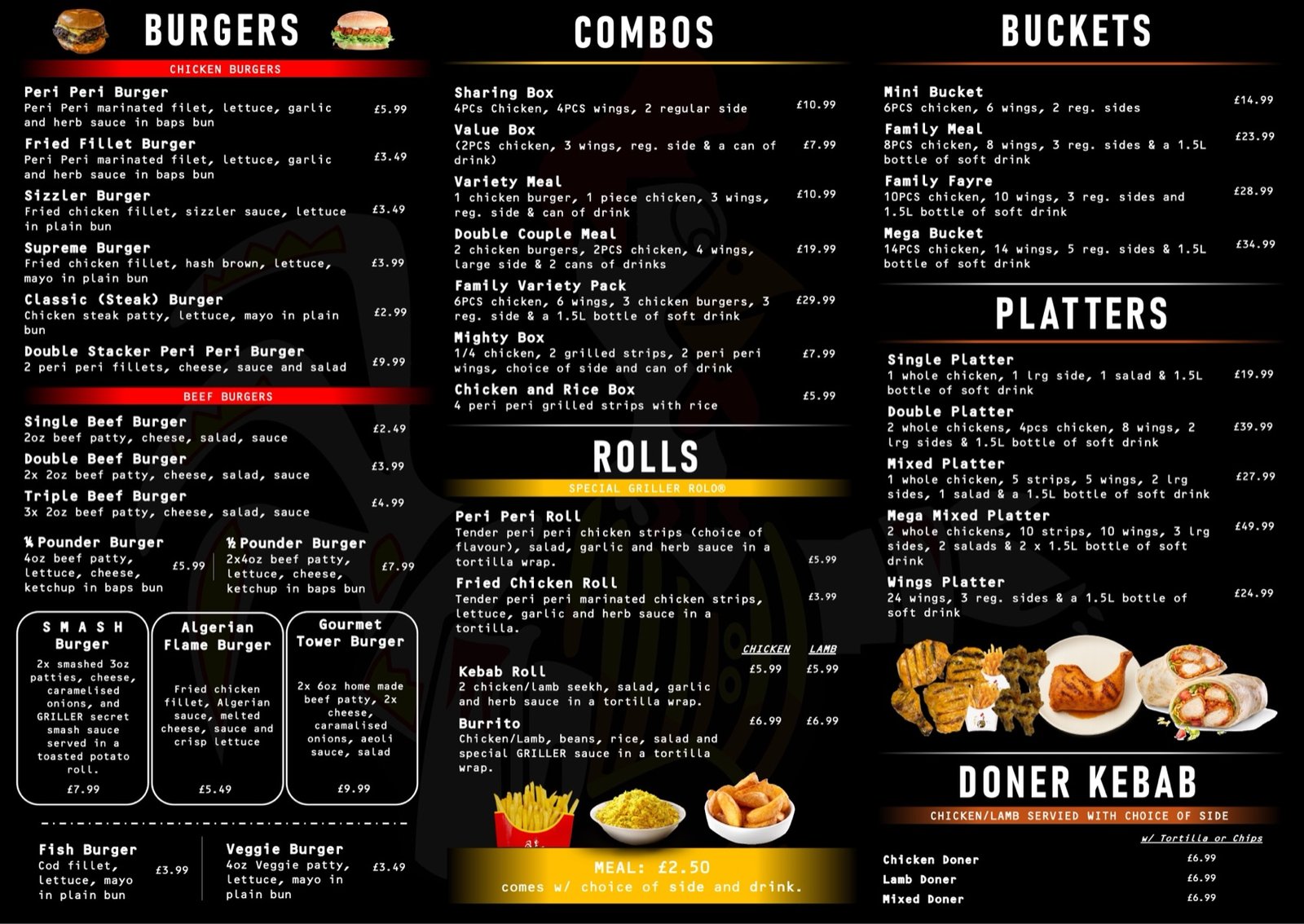 Menu board: burgers, combos, buckets, platters and doner kebab